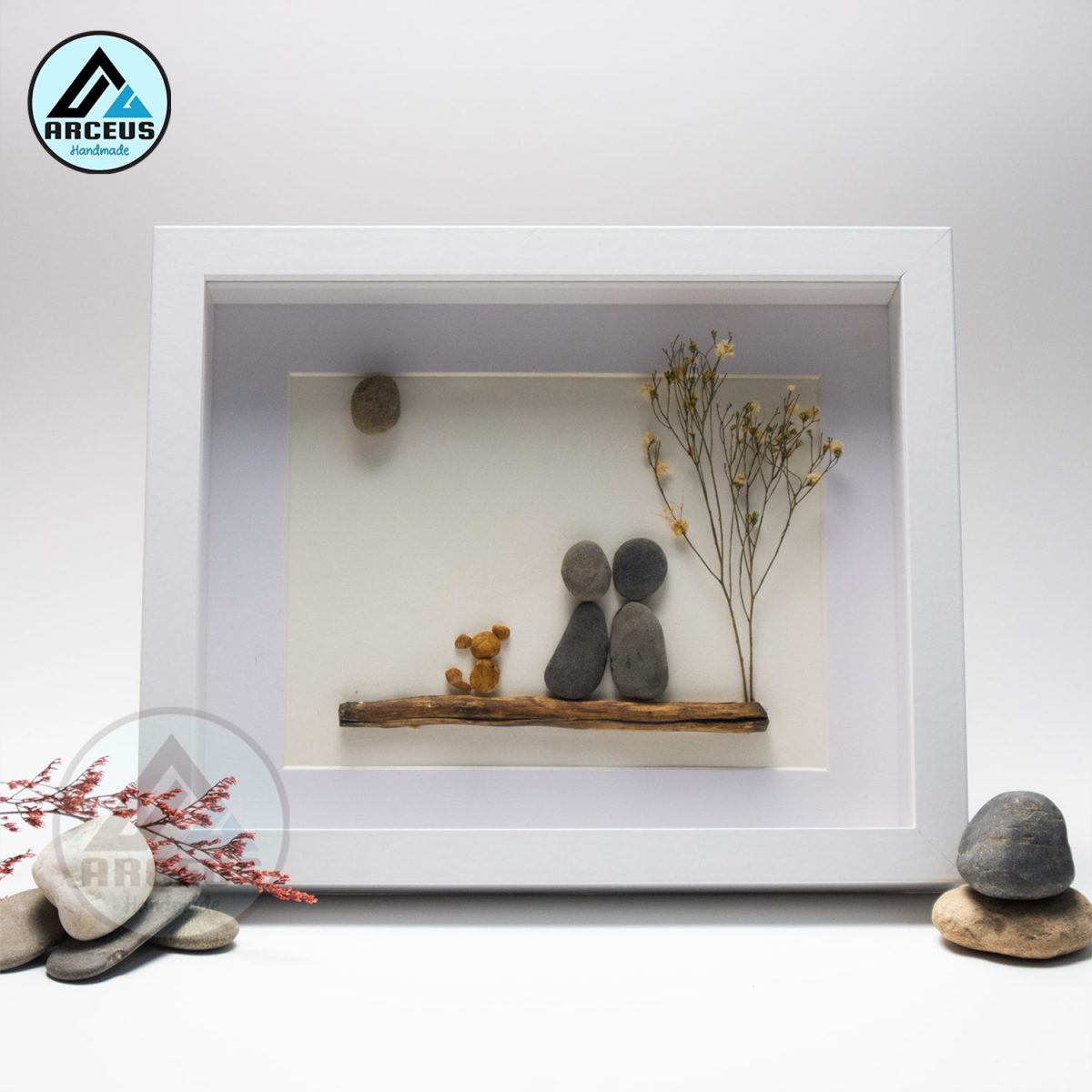 Couple and Dog Pebble Art, Gift for Wedding, Housewarming, Bridal Shower Engagement, Pebble Art Gift, Pebble Painting - Image 1