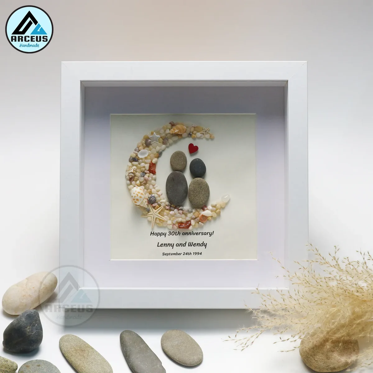 Personalized Pebble Art Our Wedding Day Keepsake Frame, Anniversary Pebble Picture Frame, Anniversary Pebble Painting, Gift Wedding, Pebble Art Gift - Image 1