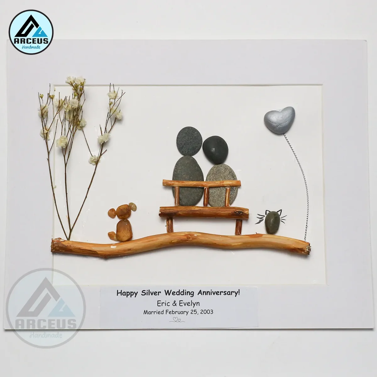 Personalized Silver Wedding Anniversary Pebble Art, 25th Anniversary Pebble Art, Gift for Parents, Friends, Spouse, Family Frame Pebble Painting, Pebble Art Gift - Image 2
