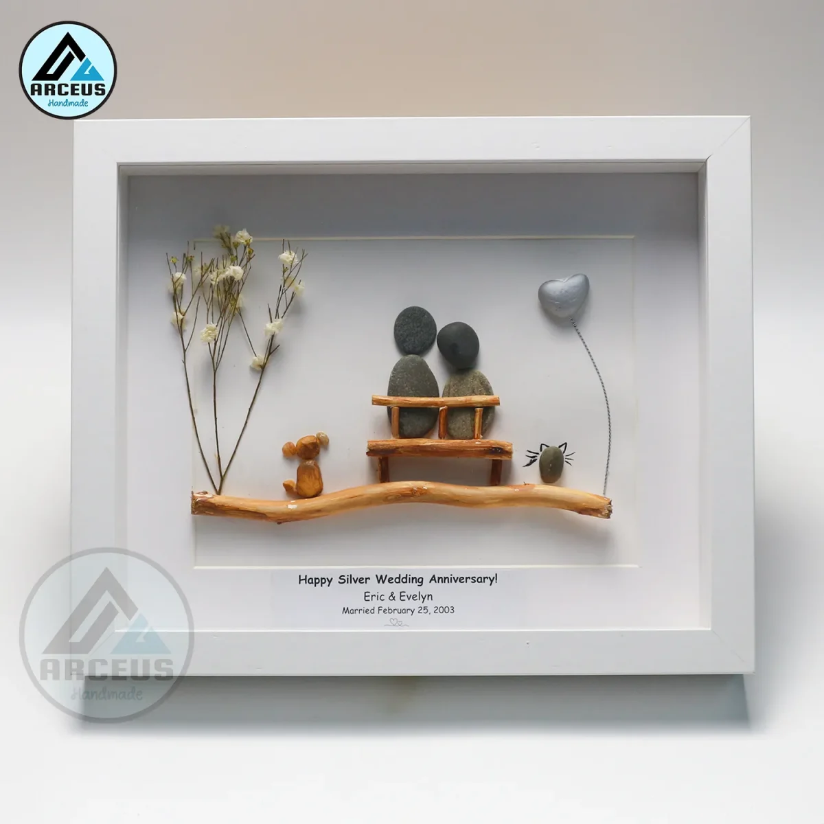 Personalized Silver Wedding Anniversary Pebble Art, 25th Anniversary Pebble Art, Gift for Parents, Friends, Spouse, Family Frame Pebble Painting, Pebble Art Gift - Image 1