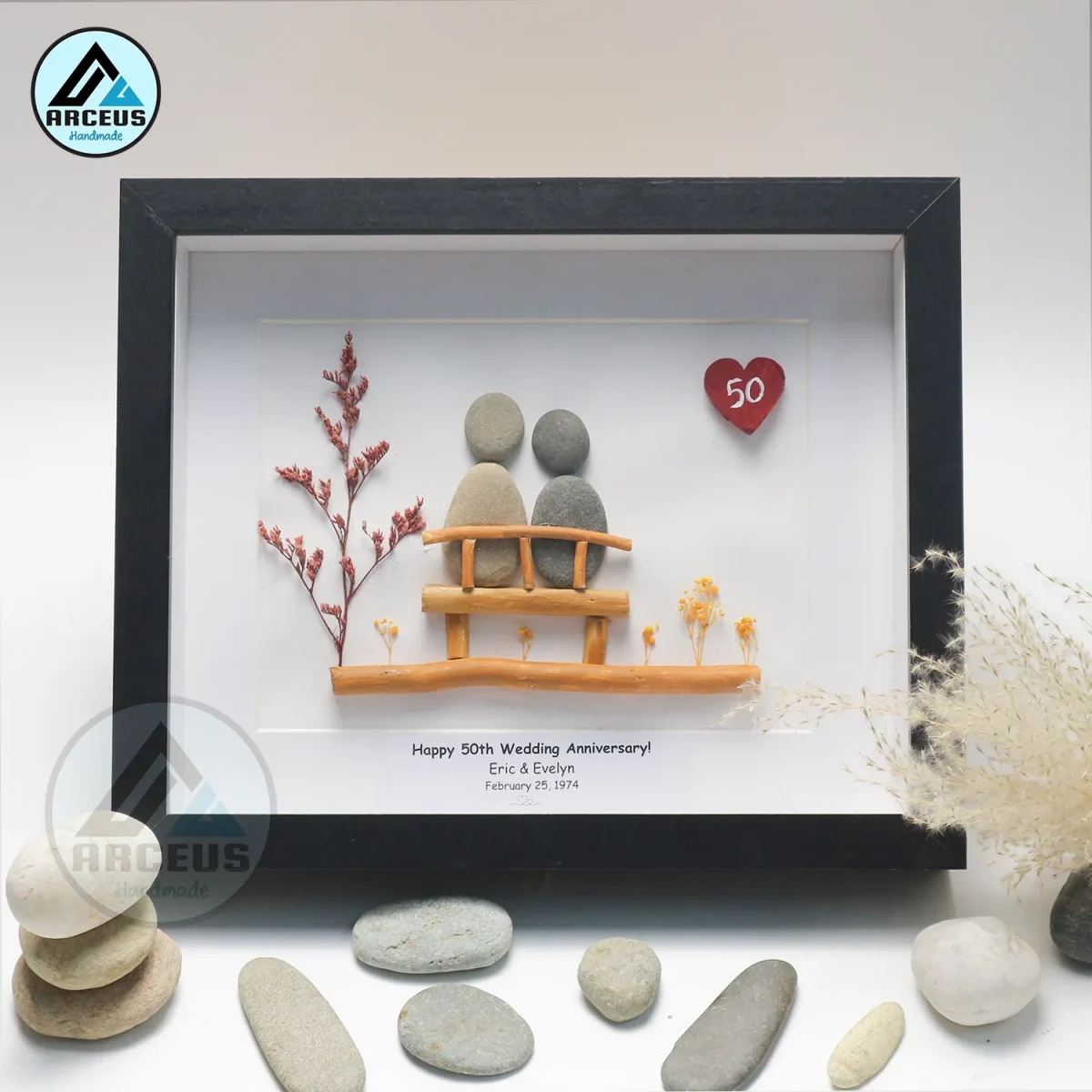 Personalised Golden Anniversary Pebble Art, Gift For Golden Anniversary, 50th Anniversary Pebble Art, Golden Wedding Gift For Husband, Parents - Image 2