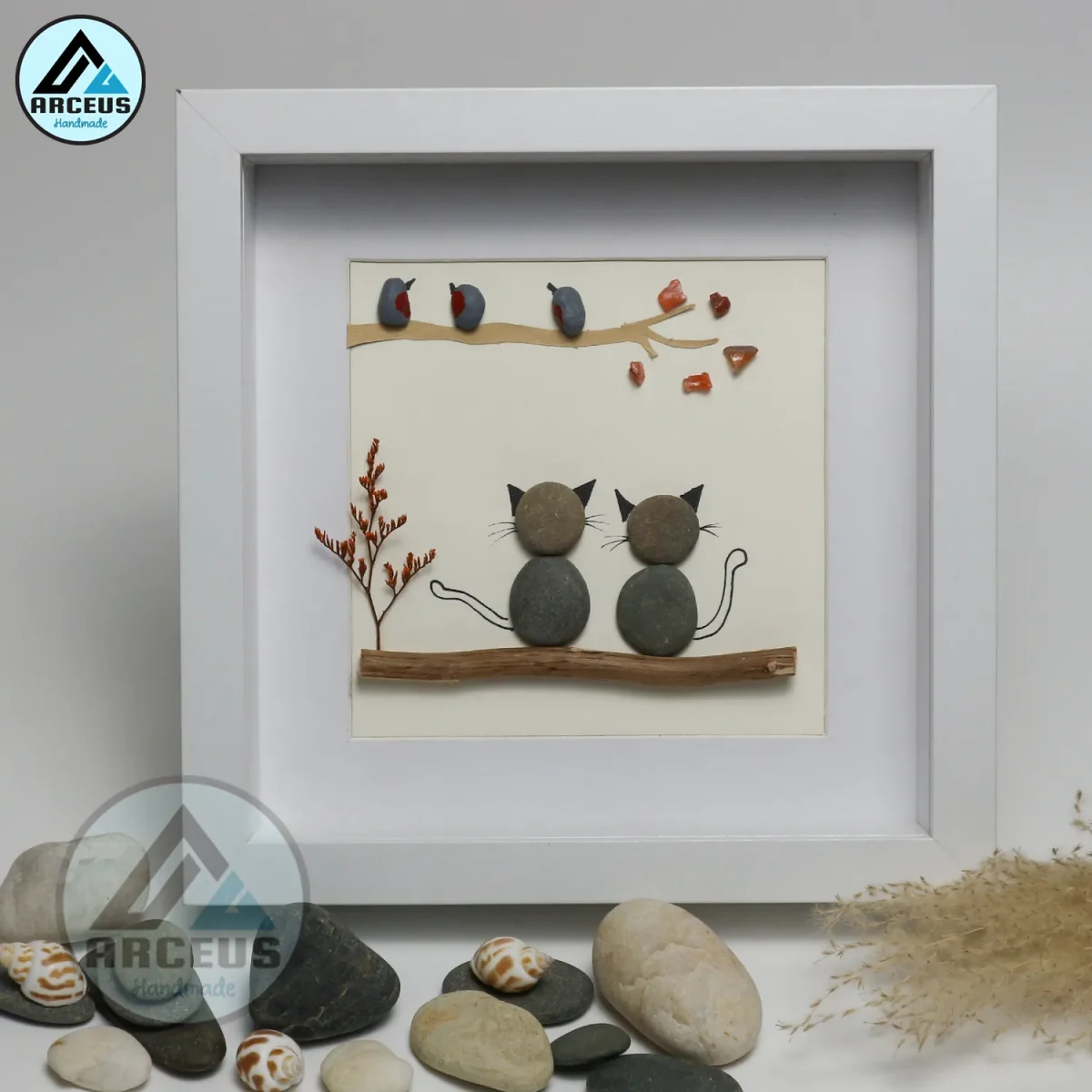 Cat and Bird Pebble Art, Cute Pet Pebble Art, Gift For Family, Fathers Mothers Gift, New Home Gift, Family Pebble Art, Dog Cat  Pebble Art - Image 1