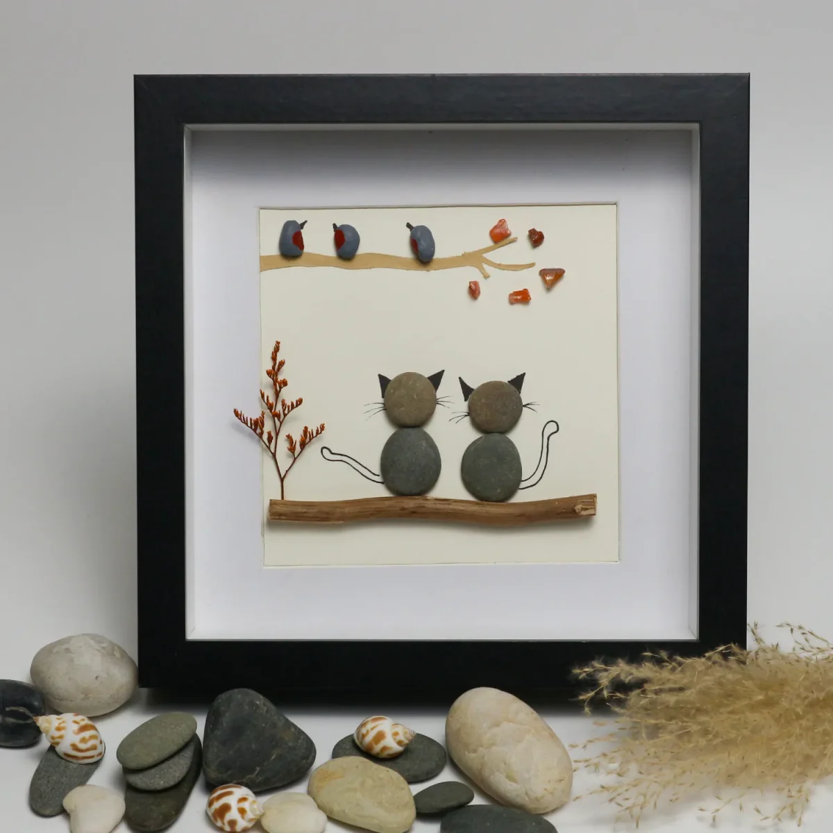 Cat and Bird Pebble Art, Cute Pet Pebble Art, Gift For Family, Fathers Mothers Gift, New Home Gift, Family Pebble Art, Dog Cat  Pebble Art - Image 4