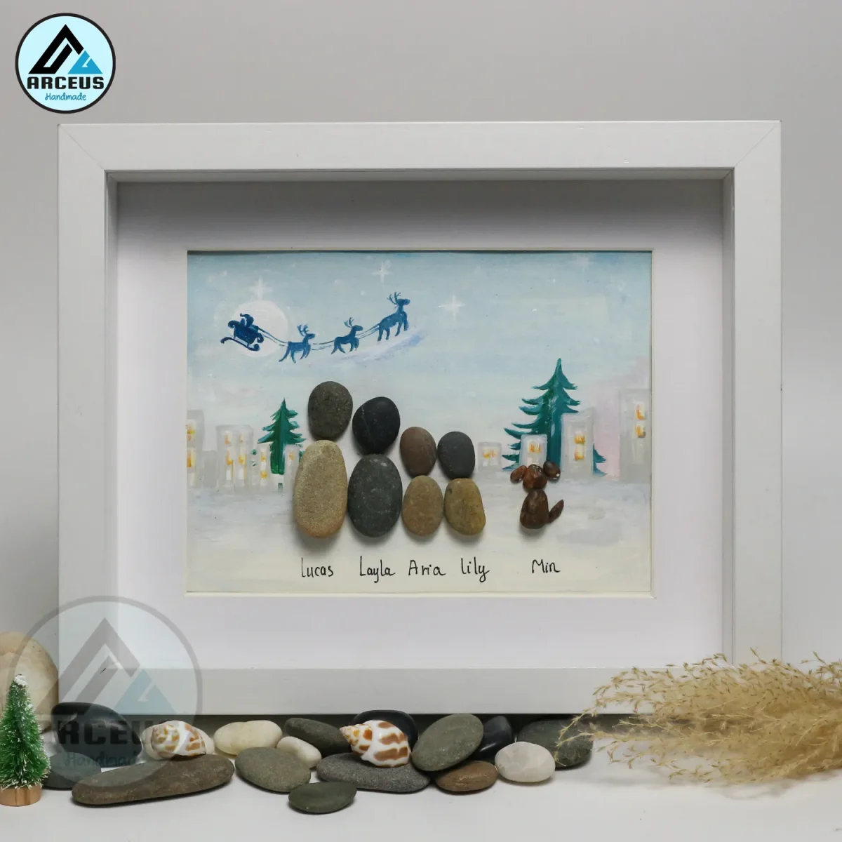 Personalised Christmas Family Pebble Art, Pebble Art Christmas, Custom Family with Pets, Pebble Art Gift, Christmas Eve Family Pebble Frame - Image 1