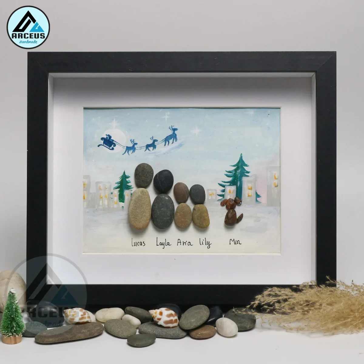 Personalised Christmas Family Pebble Art, Pebble Art Christmas, Custom Family with Pets, Pebble Art Gift, Christmas Eve Family Pebble Frame - Image 5