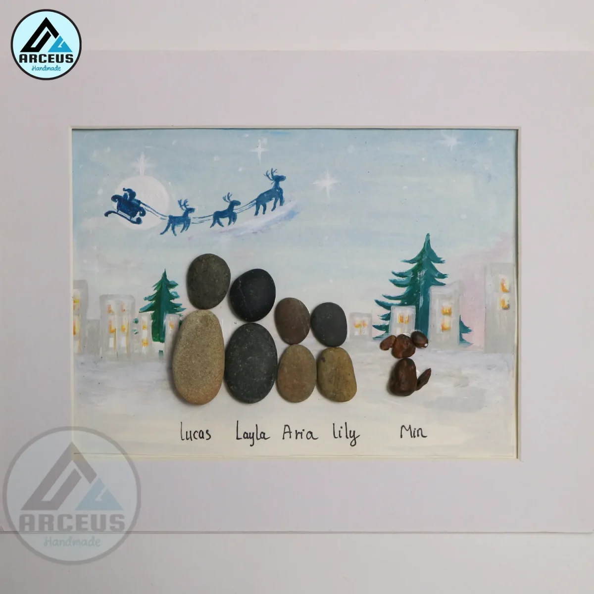 Personalised Christmas Family Pebble Art, Pebble Art Christmas, Custom Family with Pets, Pebble Art Gift, Christmas Eve Family Pebble Frame - Image 2
