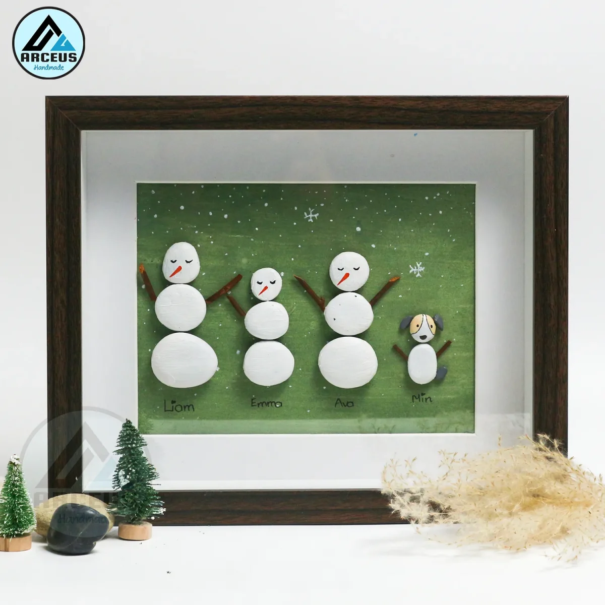Personalized Christmas Family Pebble Art, Family Christmas Pebble Art, Custom Family with Pets, Pebble Art Gift, Snowman Family Pebble Frame - Image 5