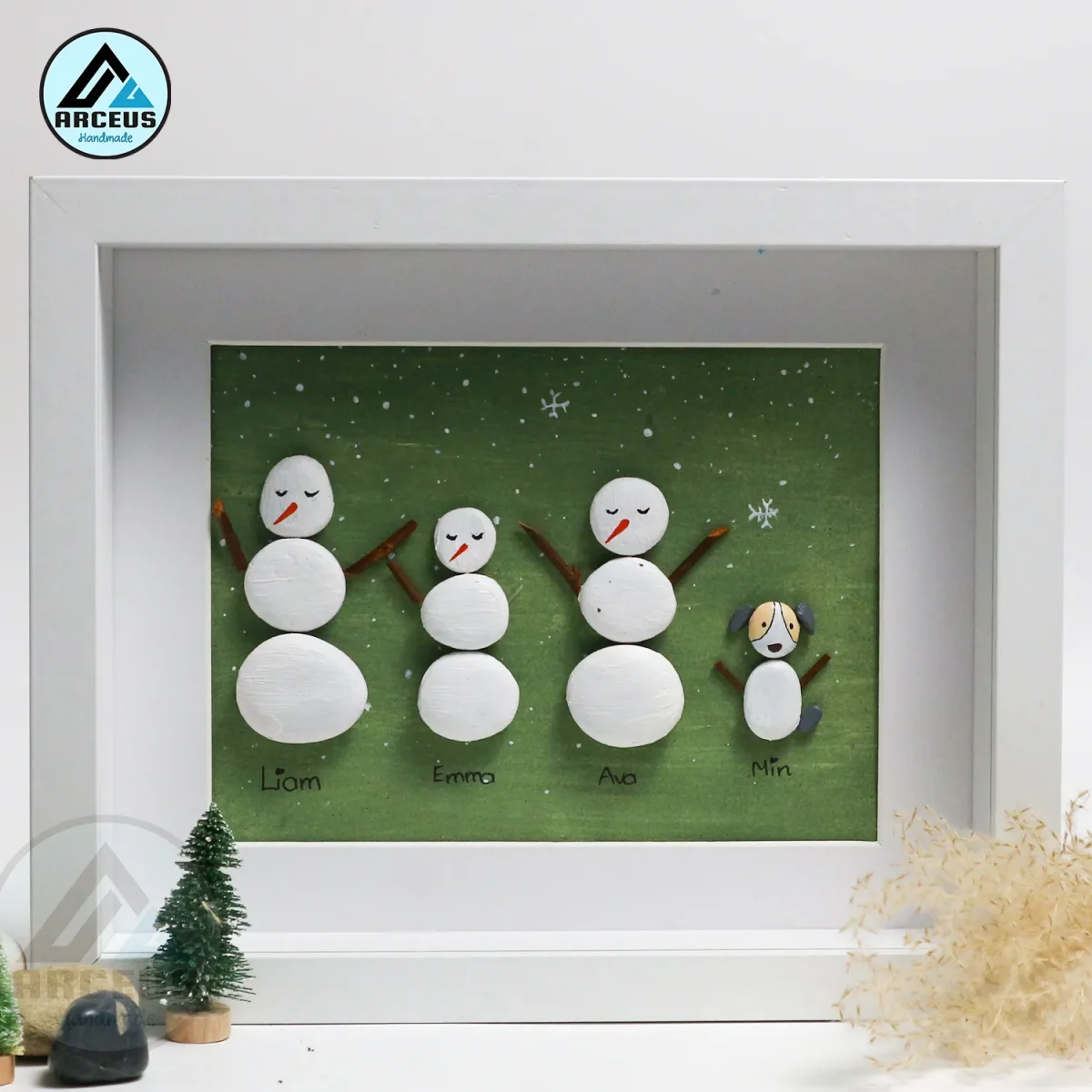 Personalized Christmas Family Pebble Art, Family Christmas Pebble Art, Custom Family with Pets, Pebble Art Gift, Snowman Family Pebble Frame - Image 4