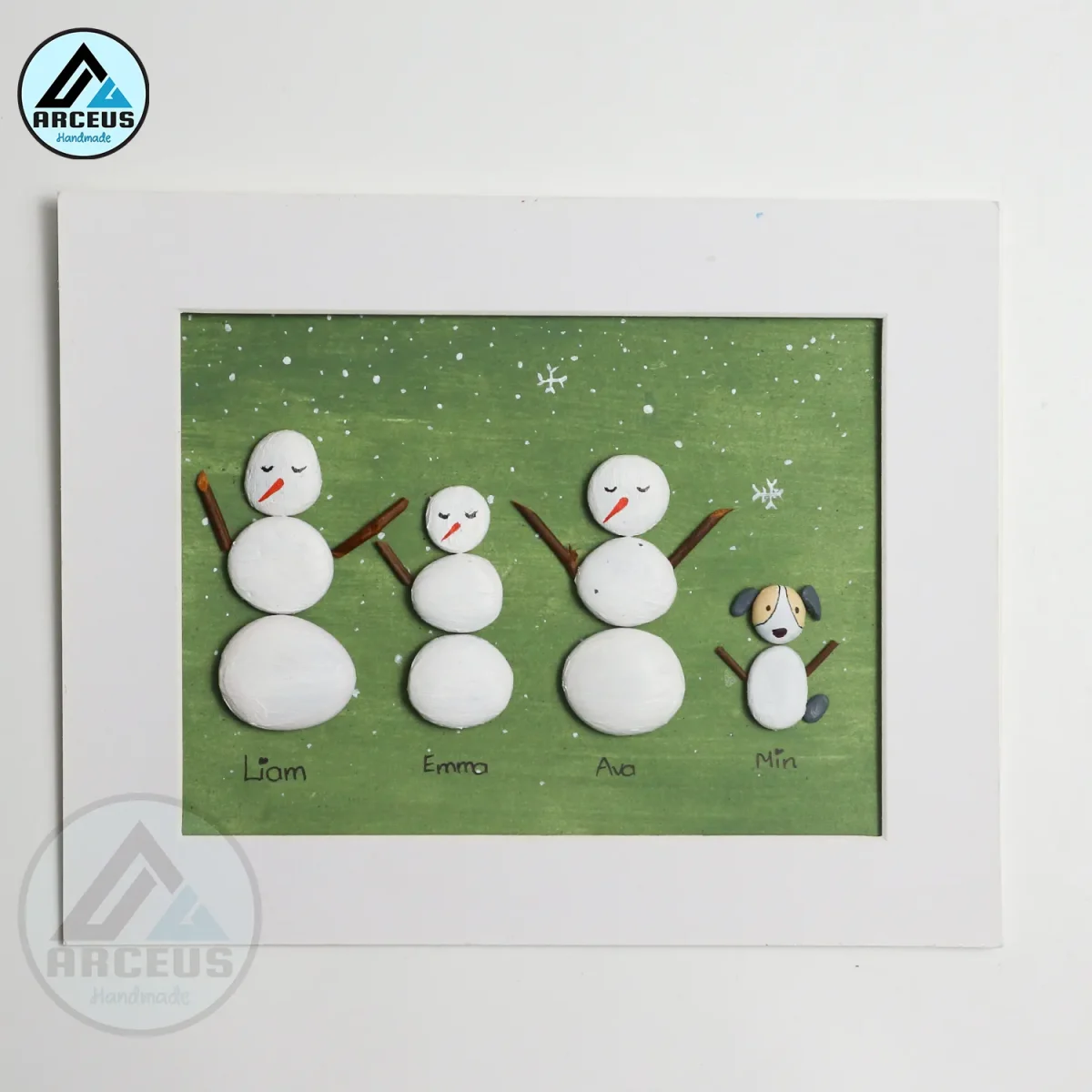 Personalized Christmas Family Pebble Art, Family Christmas Pebble Art, Custom Family with Pets, Pebble Art Gift, Snowman Family Pebble Frame - Image 2