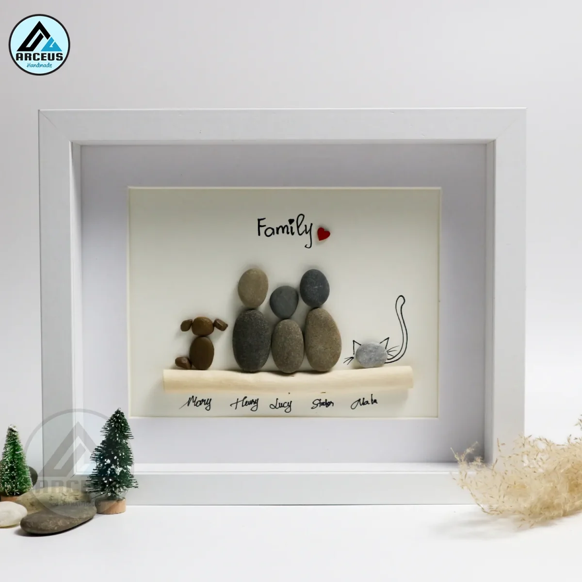Personalised Family Pebble Art, Family Where We Return Pebble Art, Family Gift, Home With Pet Pebble Frame, Pebble Art Gift - Image 1