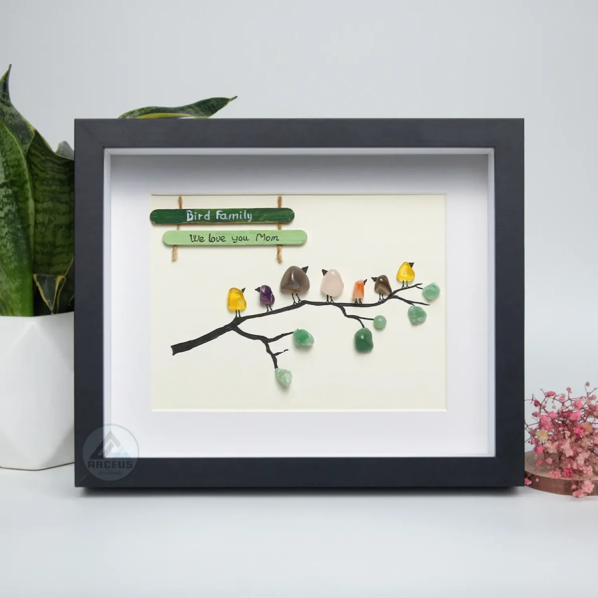 Personalised Family Birds on Branch, Pebble Art Family Picture, With Birds Framed Wall, New Home Gift, Pebble Art Gift, Pebble Frame - Image 2