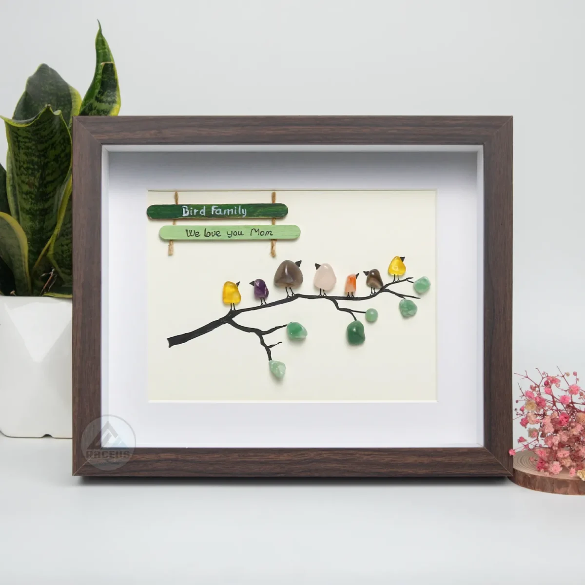 Personalised Family Birds on Branch, Pebble Art Family Picture, With Birds Framed Wall, New Home Gift, Pebble Art Gift, Pebble Frame - Image 4