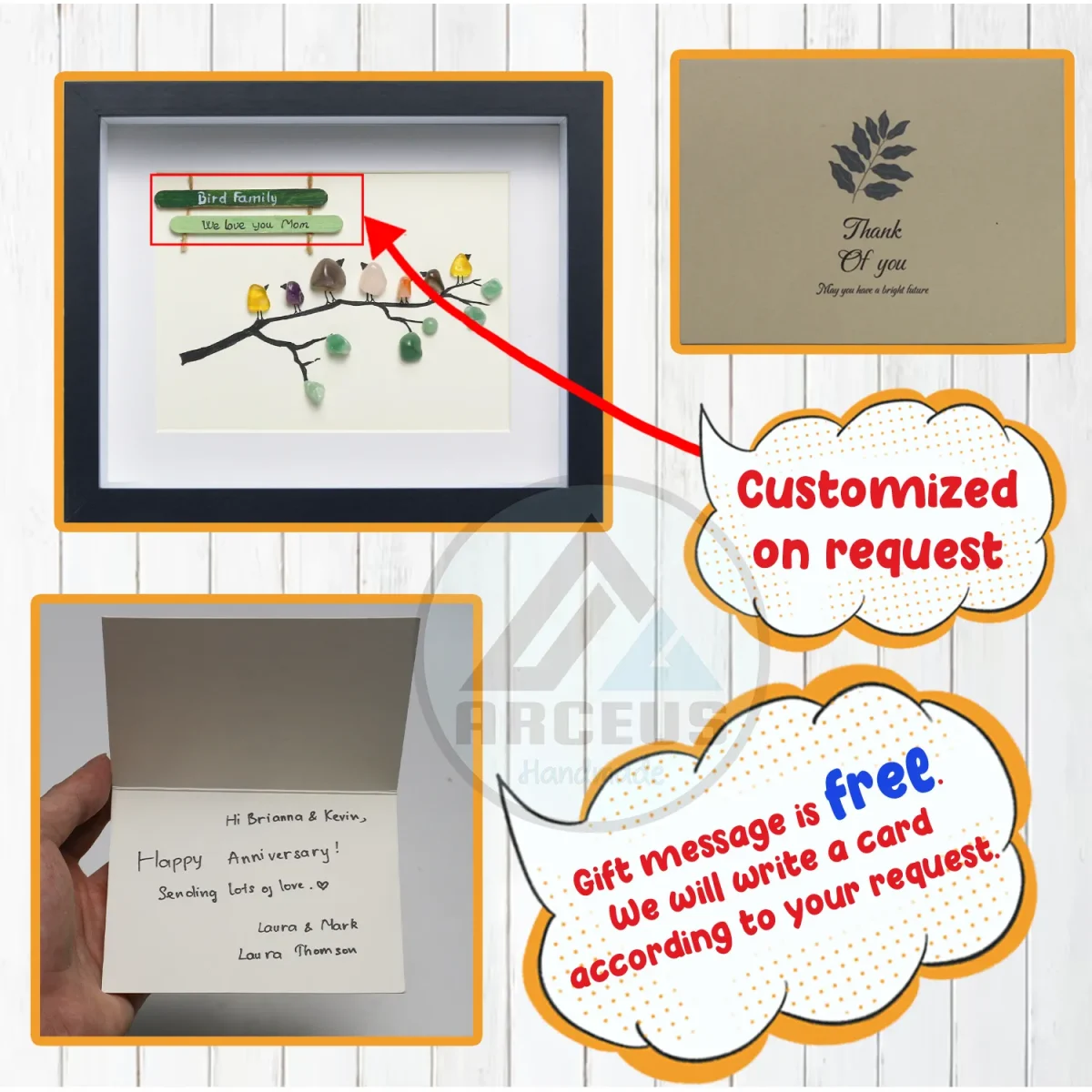 Personalised Family Birds on Branch, Pebble Art Family Picture, With Birds Framed Wall, New Home Gift, Pebble Art Gift, Pebble Frame - Image 3