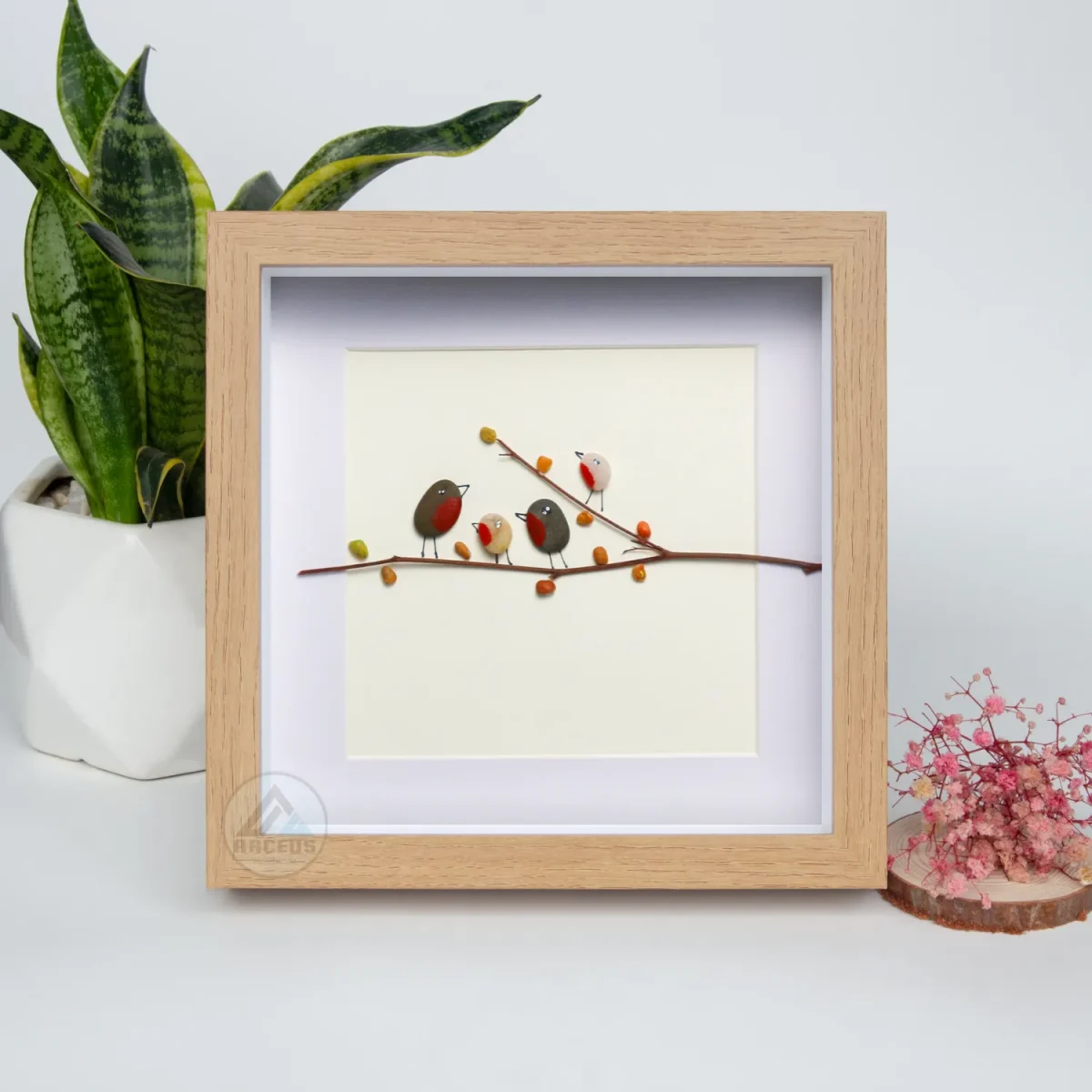 Personalised Bird Family Pebble Art, Pebble Art Family Picture, Gift for Wife, With Birds Framed Wall, New Home Gift, Family of Three Gift - Image 2