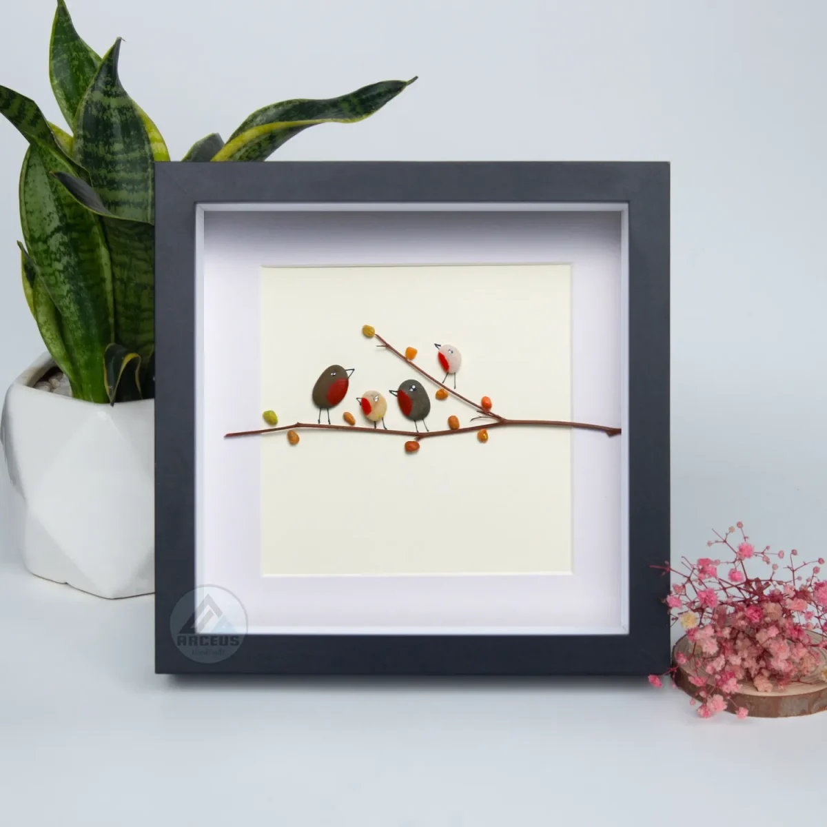 Personalised Bird Family Pebble Art, Pebble Art Family Picture, Gift for Wife, With Birds Framed Wall, New Home Gift, Family of Three Gift - Image 4