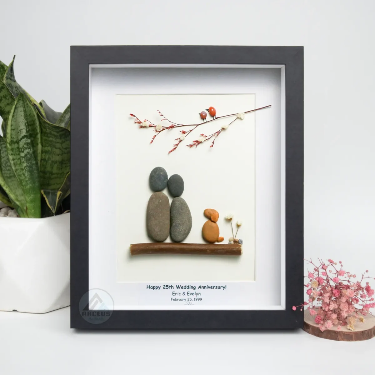 Personalised Couple and Dog Pebble Art, Gift for Wedding, Bird Bridal Shower Engagement, Pebble Art Gift, Pebble Painting, Pebble Art Gift - Image 2