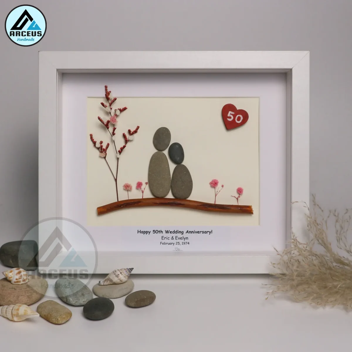 Personalized Golden Anniversary Pebble Art, Golden Anniversary Gift, 50th Anniversary Pebble Art, Golden Wedding Gift For Husband, Parents - Image 1