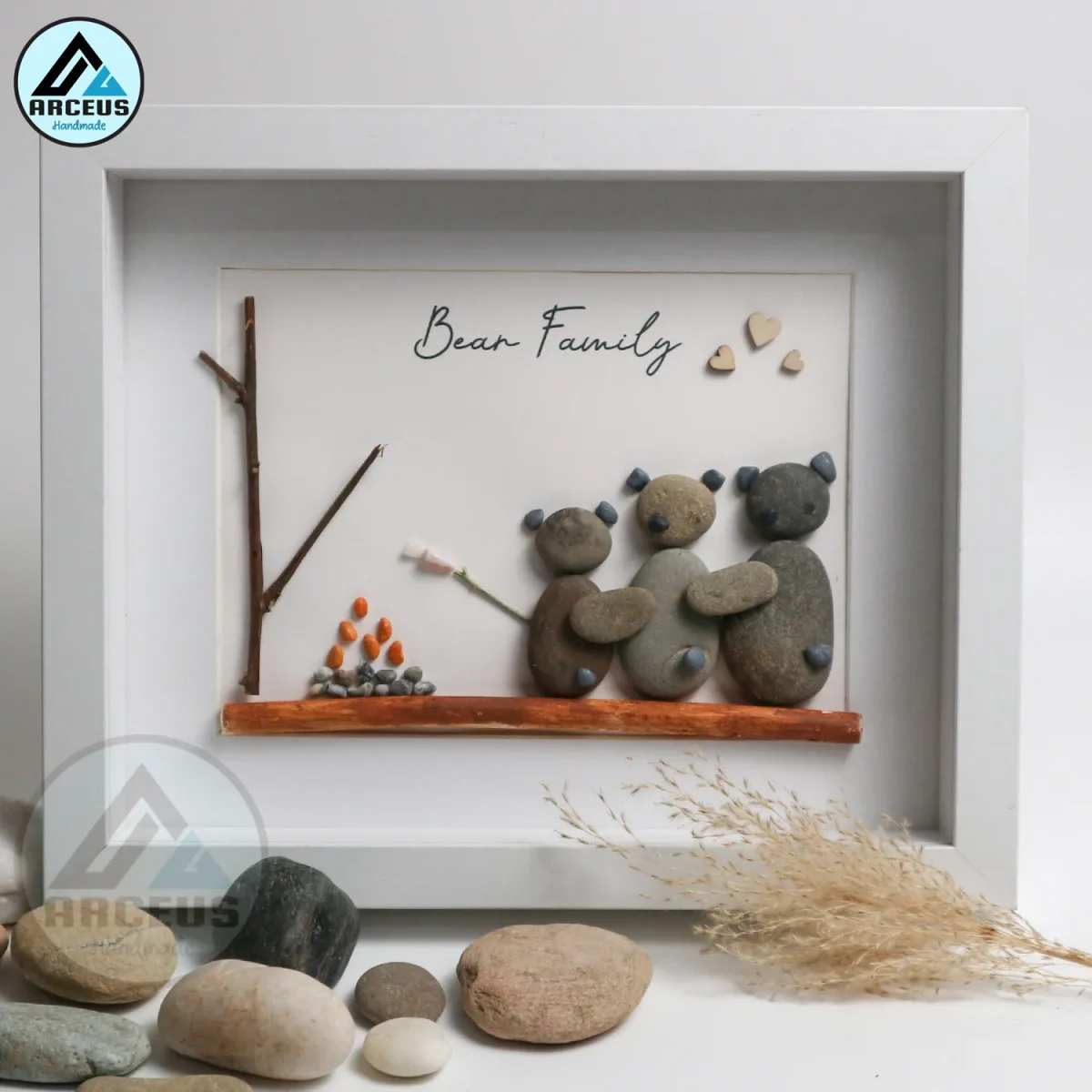 Personalised Bear Family Together Pebble Art, Pebble Art Family Picture, With Bears Framed Wall, New Home Gift, Pebble Art Gift, Pebble Frame - Image 1