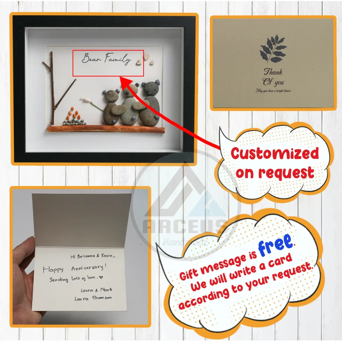 Personalised Bear Family Together Pebble Art, Pebble Art Family Picture, With Bears Framed Wall, New Home Gift, Pebble Art Gift, Pebble Frame - Image 3