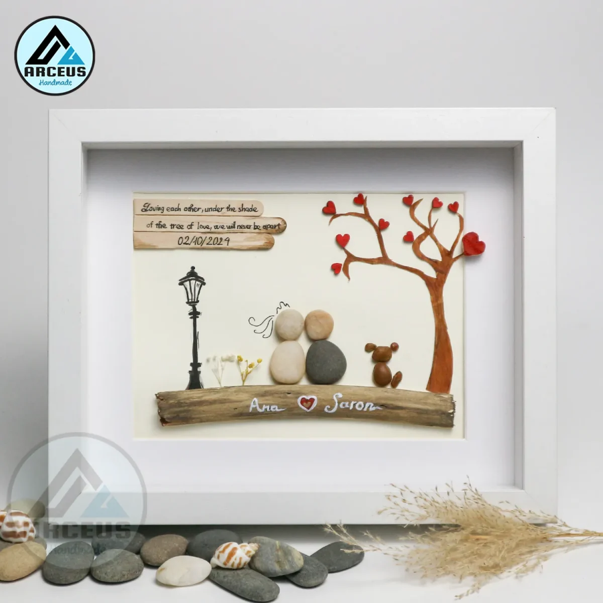 Personalised Couple with Dog Pebble Art, Wedding Anniversary Pebble Art, Pebble Art Gift, Gift for Couple, Wedding Keepsake Pebble Art - Image 1
