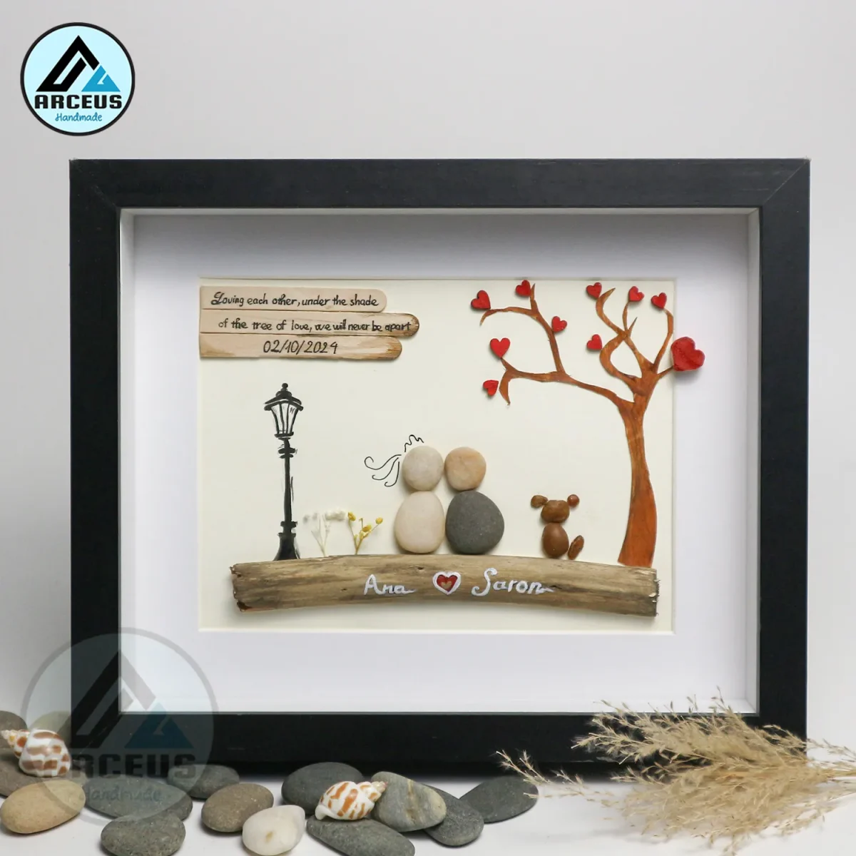 Personalised Couple with Dog Pebble Art, Wedding Anniversary Pebble Art, Pebble Art Gift, Gift for Couple, Wedding Keepsake Pebble Art - Image 4