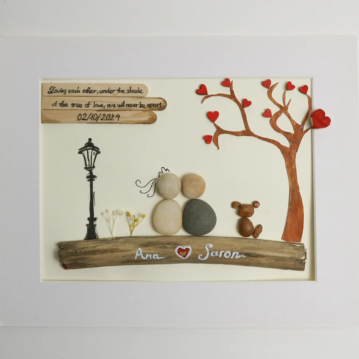 Personalised Couple with Dog Pebble Art, Wedding Anniversary Pebble Art, Pebble Art Gift, Gift for Couple, Wedding Keepsake Pebble Art - Image 2