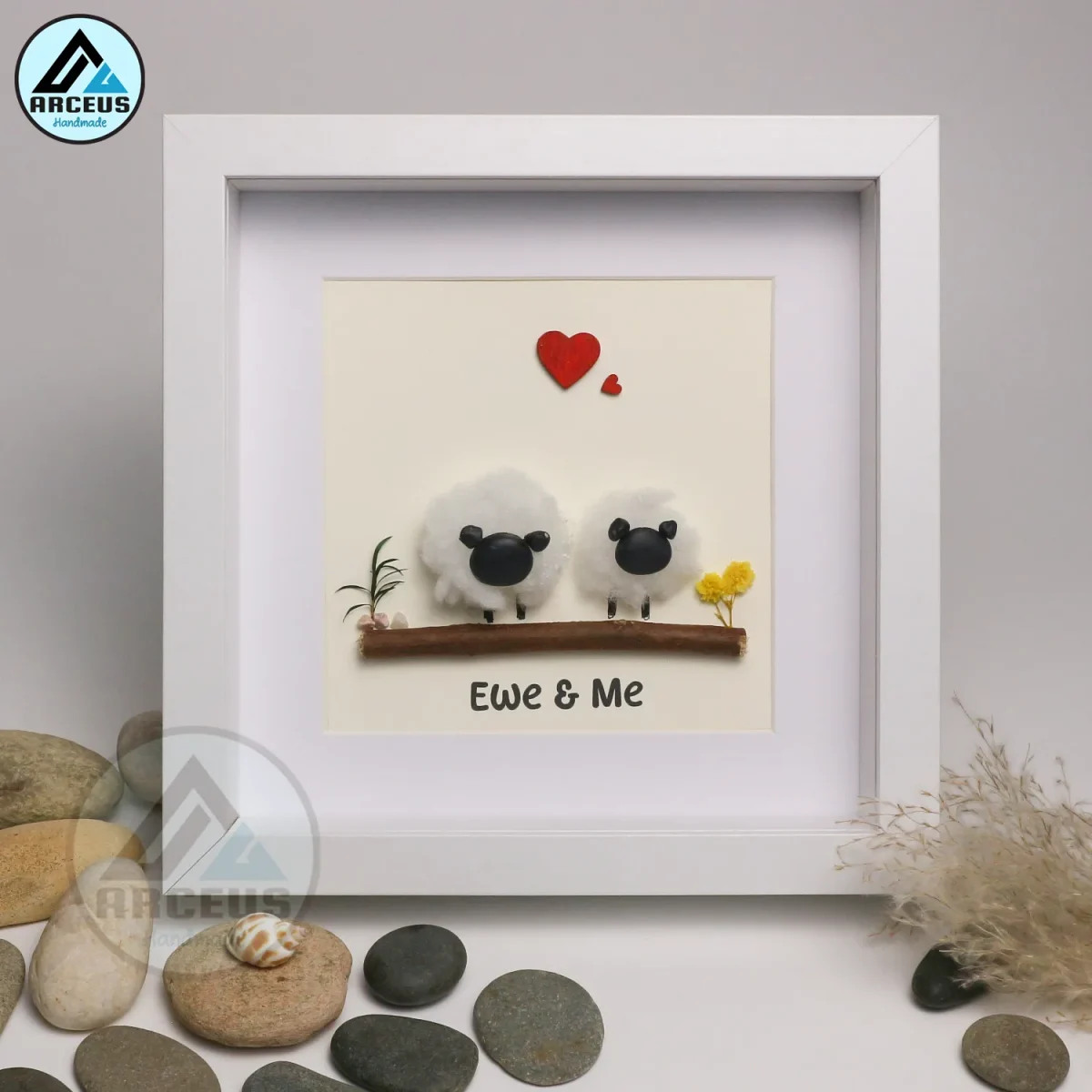 Sheep Pebble Art, Handmade Beautiful Framed Art - "Ewe and Me" Sheep Pebble Picture,Couple Gift, Personalised Gift - Image 1
