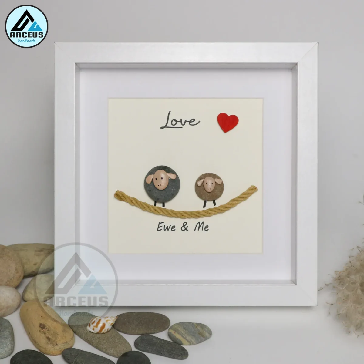 Sheep Pebble Art, Handmade Beautiful Framed Art - "Ewe and Me" Sheep Pebble Picture,Couple Gift, Personalised Gift - Image 1