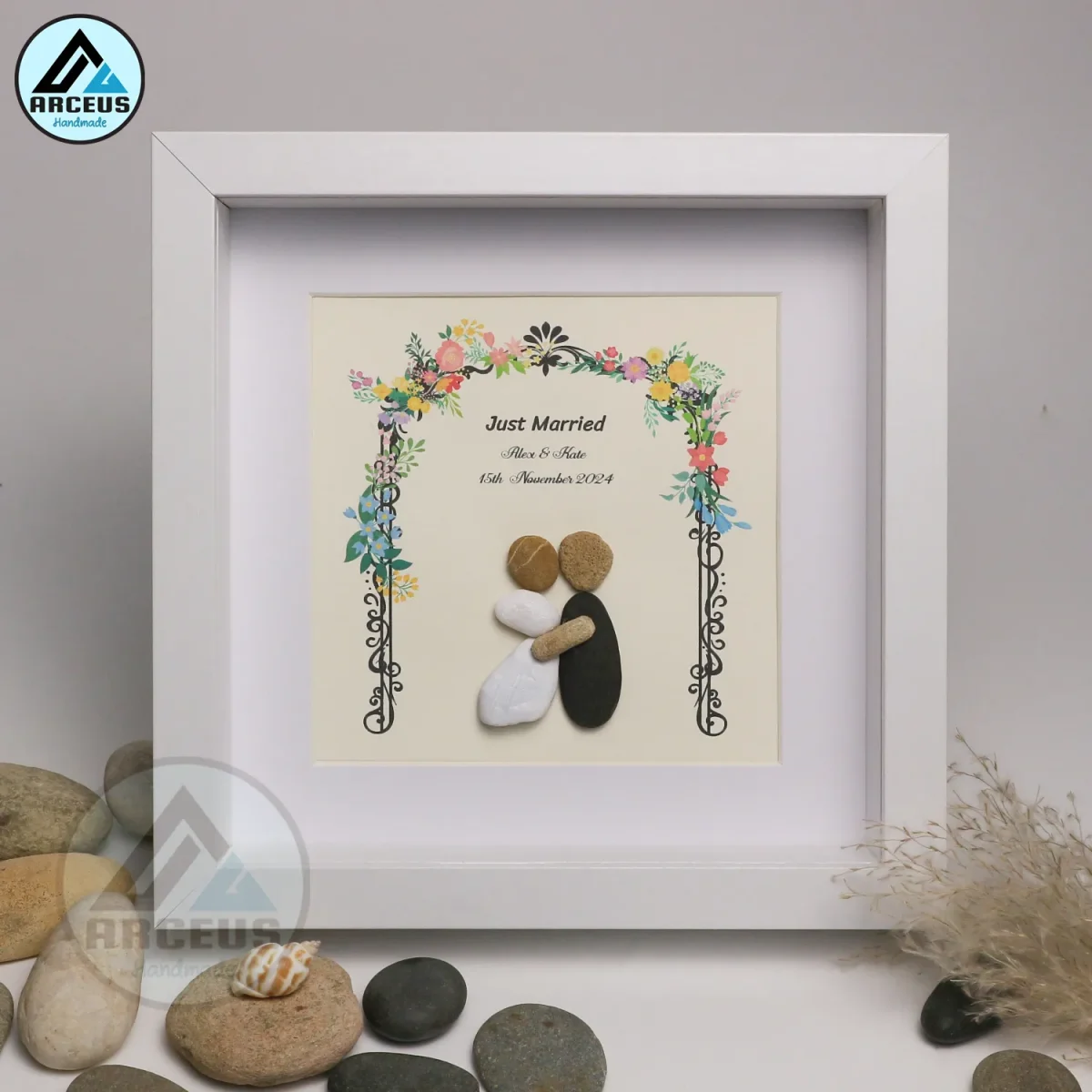 Personalized Wedding Pebble Art, Wedding Gifts, Pebble Art Wedding, Couple Wedding Gift, Wedding Flowers Gift, Customize Pebble Art - Image 1