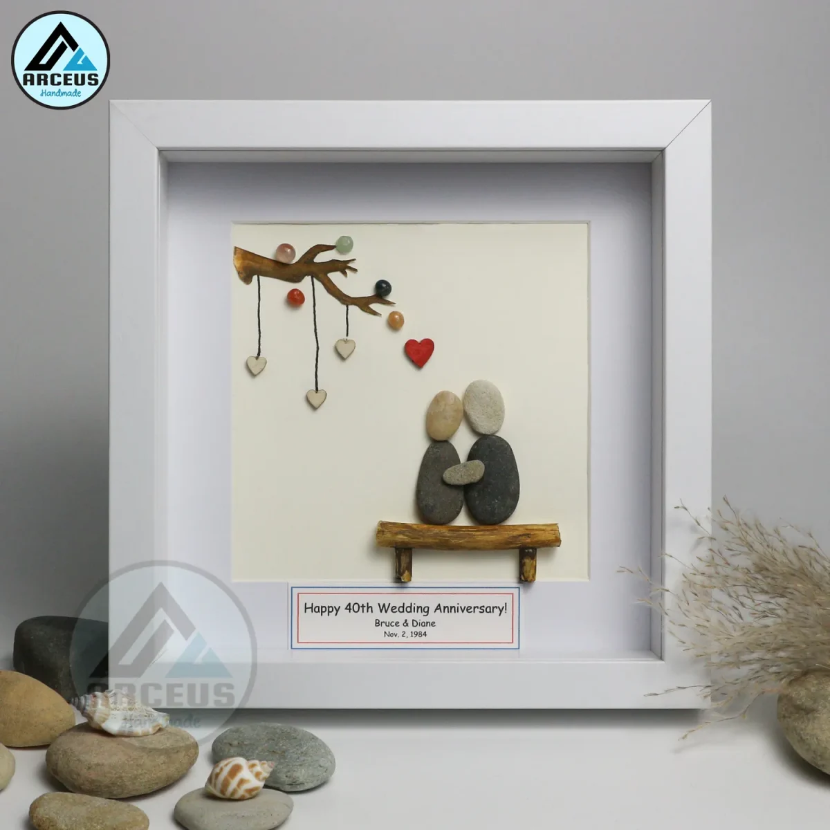 Personalized Couple Pebble Art, Wedding Anniversary Pebble Art, Pebble Art Gift, Gift for Couple, Wedding Keepsake Pebble Art - Image 1