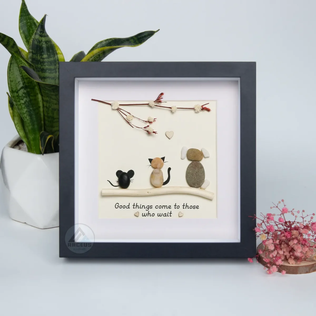 Pebble Picture Cat, Cat, Dog and Mouse Pebble Art, Gift for Cat Lovers, Good Things come to those who wait Pebble Art - Image 2