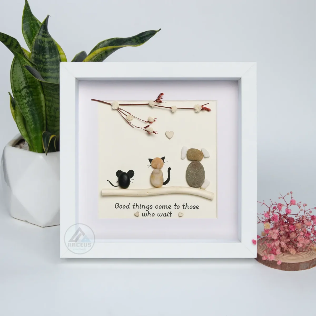 XNJPG AMZ00205-04 Pebble Picture Cat, Cat, Dog and Mouse Pebble Art, Gift for Cat Lovers, Good Things come to those who wait Pebble Art - Image 1