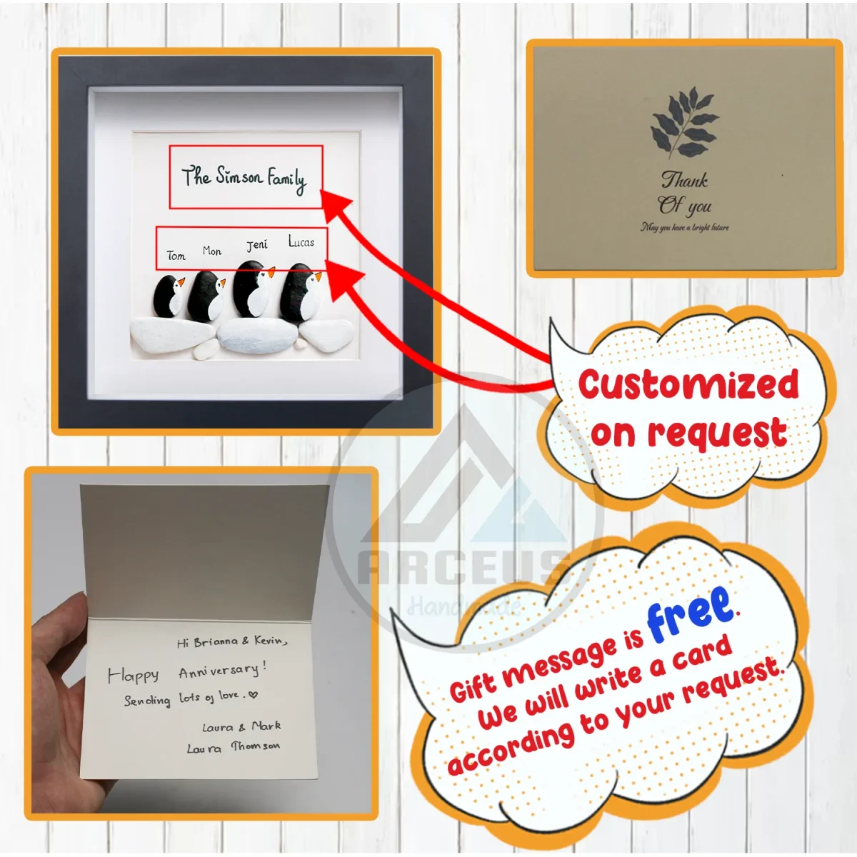 Personalized Penguin Family Pebble Art, Customized Pebble Art, Best Home Gifts, Pebble Art Gift, Pebble Art Family Love, Pebble Art - Image 3