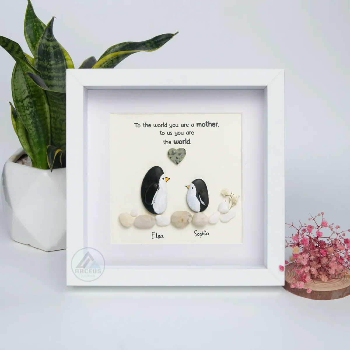 Personalized Penguin Mother's Day Gift, Mom Pebble Art, Gift For Mother Day, Mom Pebble Art, Pebble Art Gift For Mom From Daughter - Image 1