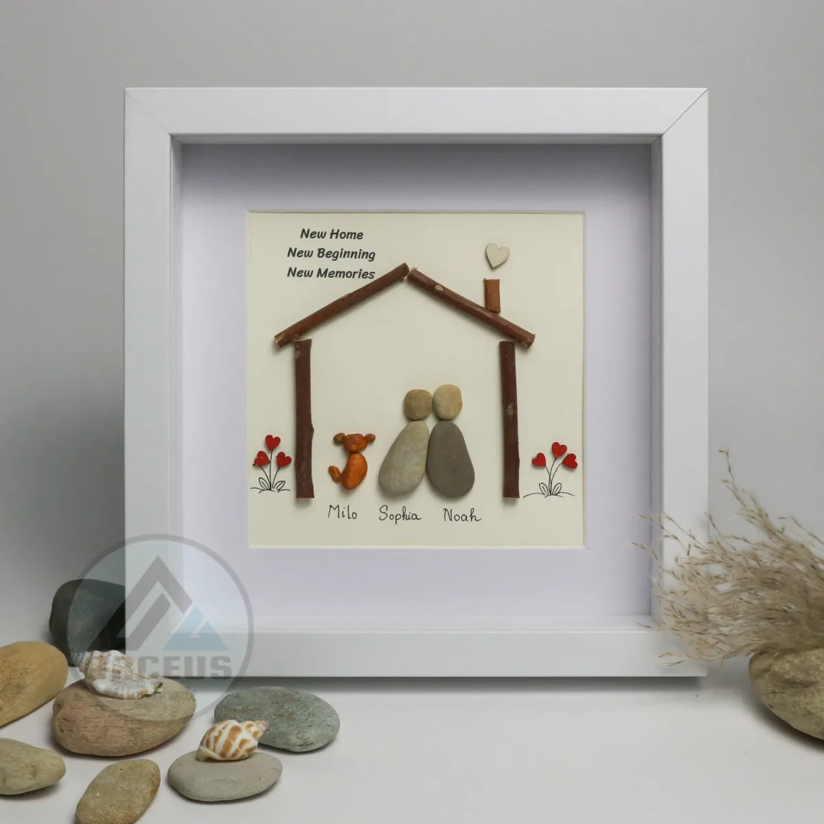 Personalized Family Pebble Art, Family With Pet Pebble Art, Gift for Family, Gift for Friends, New Home Gift Pebble Frame, Pebble Art Gift - Image 1