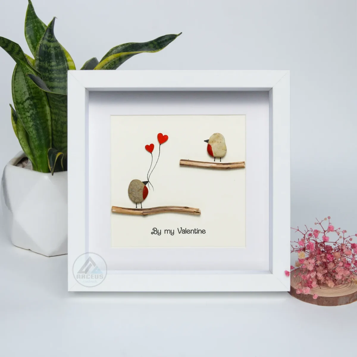 Be My Valentine Gift, Love Birds Pebble Gift, Valentine's Day Pebble Frame, Personalized Valentine's Day Gift, Handmade Pebble Artwork - Image 1
