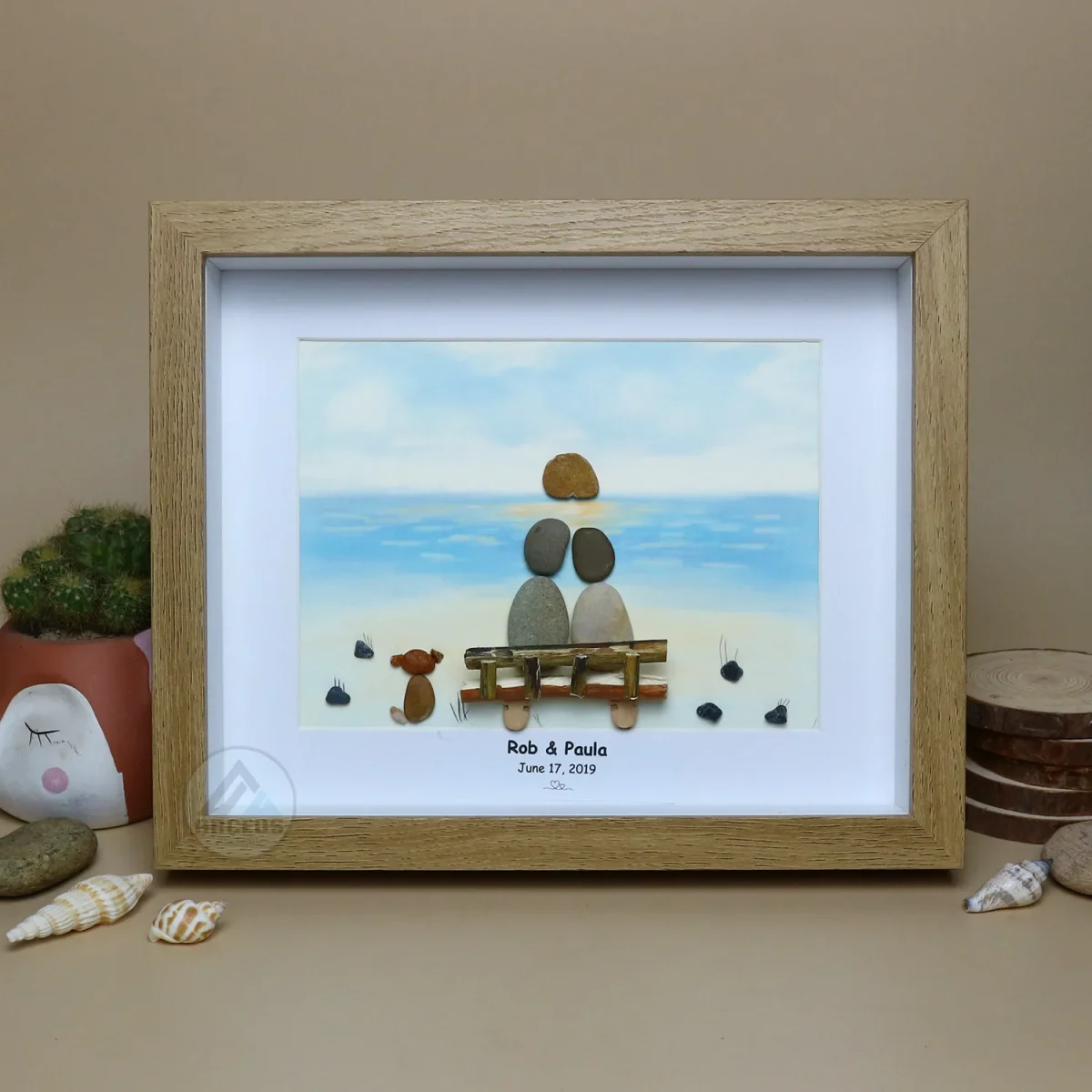 Personalized Couple and Dog On The Beach Pebble Art, Gift for Wedding Anniversary, Gift for Couple, Love Pebble Art Gift, Pebble Painting - Image 2