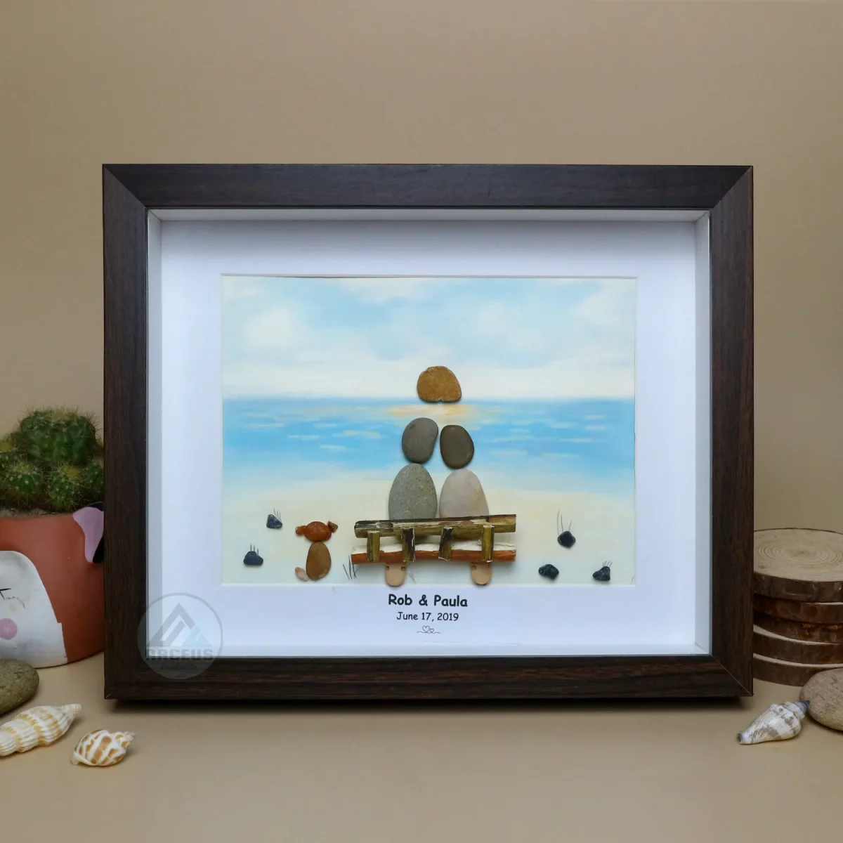 Personalized Couple and Dog On The Beach Pebble Art, Gift for Wedding Anniversary, Gift for Couple, Love Pebble Art Gift, Pebble Painting - Image 5