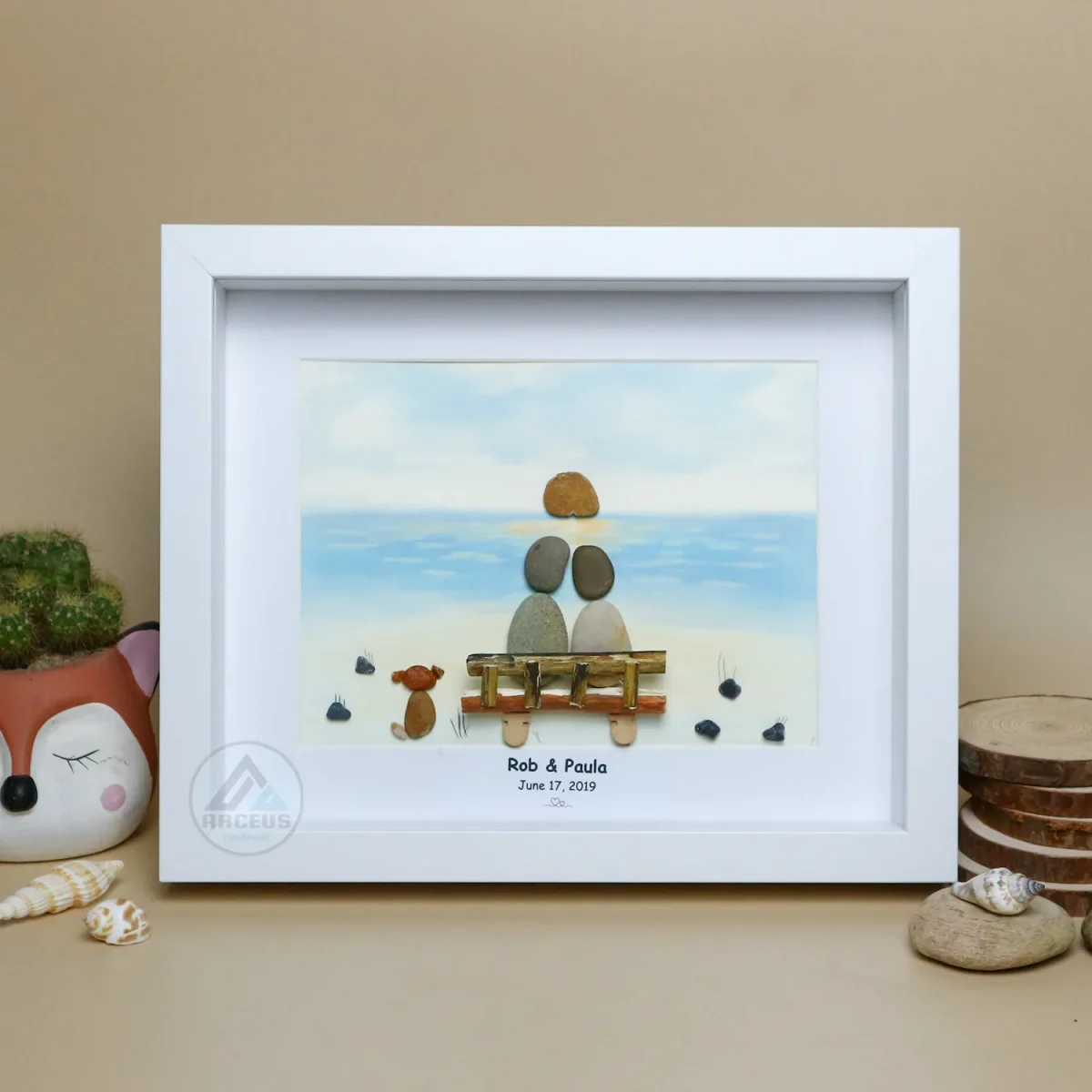 Personalized Couple and Dog On The Beach Pebble Art, Gift for Wedding Anniversary, Gift for Couple, Love Pebble Art Gift, Pebble Painting - Image 1