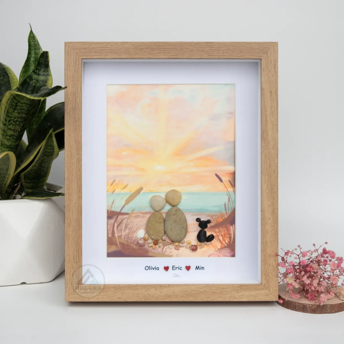 Personalized Couple and Dog On The Beach Pebble Art, Gift for Wedding Anniversary, Gift for Couple, Love Pebble Art Gift, Pebble Painting - Image 1