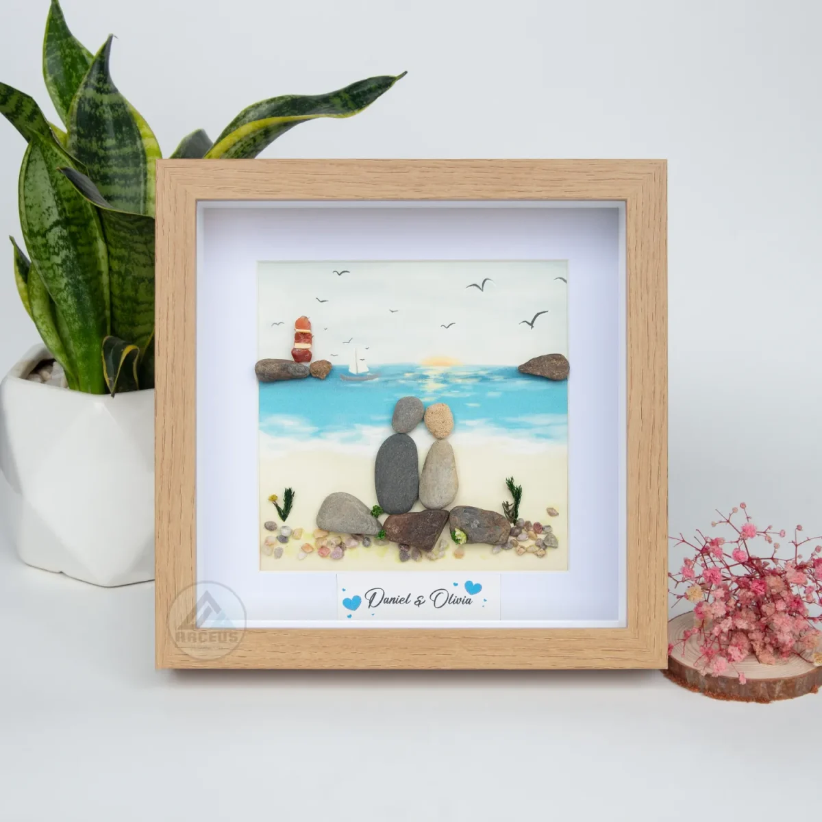 Personalized Couple On The Beach Pebble Art, Gift for Wedding Anniversary, Gift for Couple, Love Pebble Art Gift, Pebble Painting - Image 1