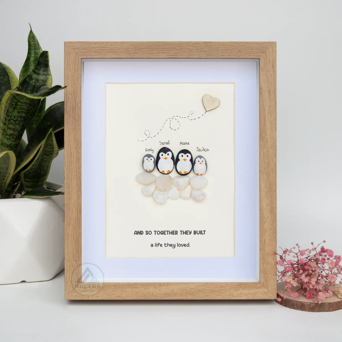 Personalized Penguin Family Pebble Art, Customized Pebble Art, Best Home Gifts, Pebble Art Gift, Pebble Art Family Love, Pebble Art - Image 1