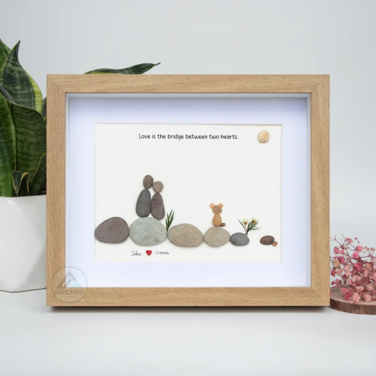 Personalized Couple and Dog Pebble Art, Gift for Wedding Anniversary, Gift for Couple, Love Pebble Art Gift, Pebble Painting - Image 1
